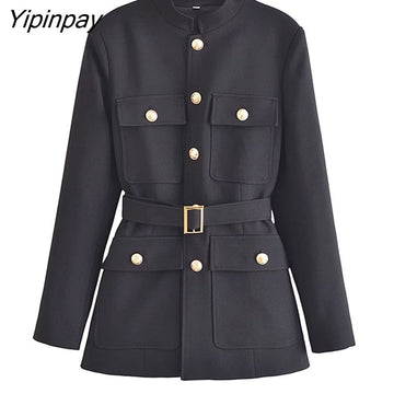 Yipinpay Women Single Breasted Blazer Coat With Belt 2023 Autumn Vintage Long Sleeve Flap Pockets Female Outerwear Chic Vestes Femme